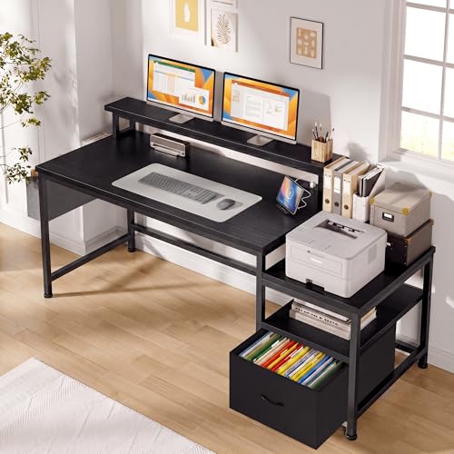 EnHomee 57" Office Desk with File Drawers and Printer Space,Computer Desk with Power Outlets,Gaming Desk with Shelves Monitor Stand,Study Writing Bedroom Desk,Black