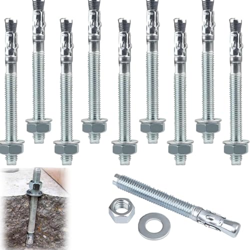 Ancrages M10 - Lot de 10 boulons d'ancrage M10 pour charges lourdes - En métal galvanisé - Pour garde-corps, fenêtre, murs-rideaux, machines, poutres - M10 x 150 mm