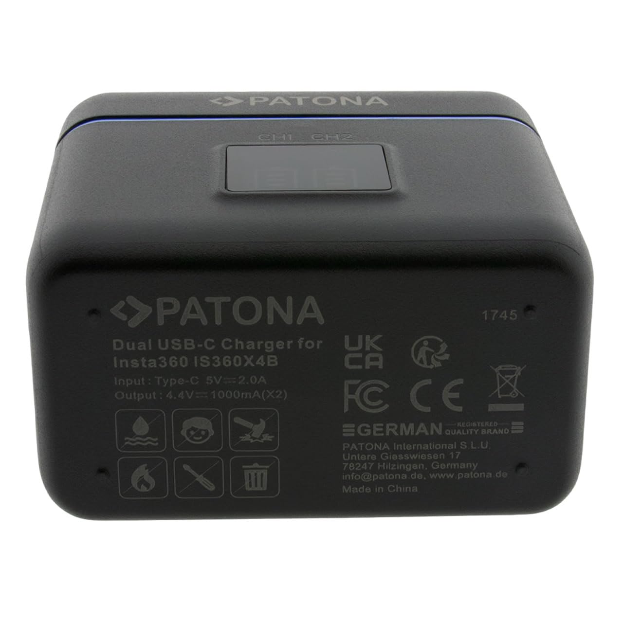 PATONA Caricabatterie doppio per Insta360 X4 batteria CINSBBMA – USB-C Scatola portaoggetti per 2 batterie e microSD, ingresso 5V 3A, cavo USB-C compatibile con action cam, compatto e leggero