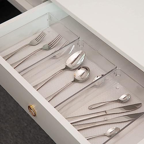 Image of Clear Plastic Drawer Organizers Set, 3-Size Versatile Bathroom and Vanity Drawer Organizer Trays, Storage Bins for Makeup, Bedroom, Kitchen Gadgets Utensils and Office (5 PC SET)