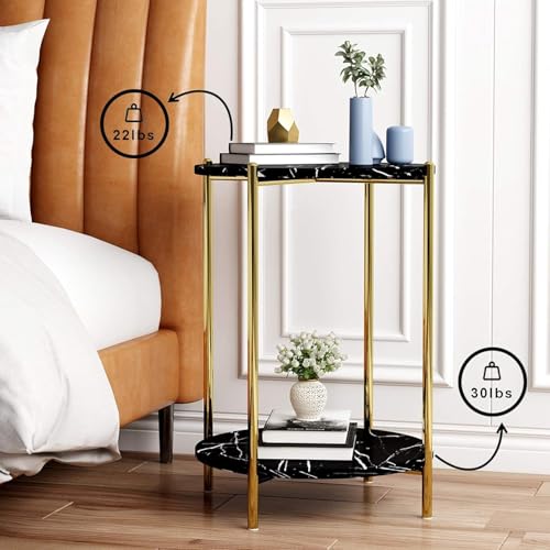 Image of Round End Table 2-Tier Side End Table with White Marble Top,Bedside Table for Living Room or Bedroom, Modern Accent Table with Metal Frame (Gold & Black)