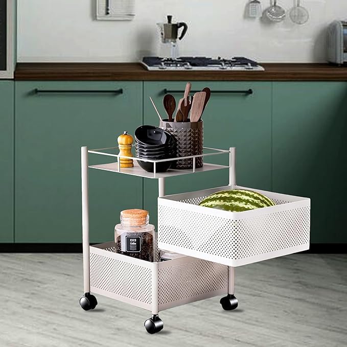 Image of KITCHIVO Kitchen Storage Rack | Revolving Vegetable Rack | Square Multipurpose Storage Trolley with Wheels | Metal Fruit Rack (White, 2 Layer)