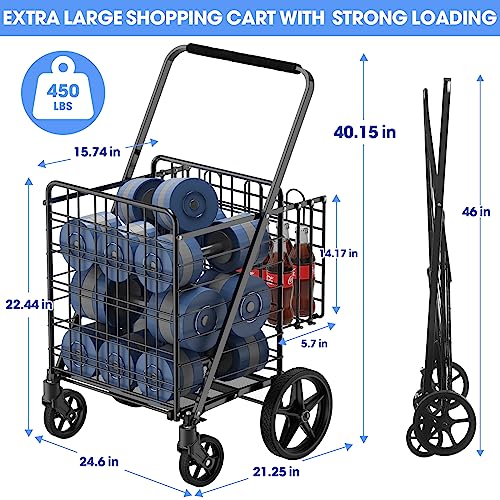 450lbs Capacity Shopping Cart,Upgrade Huge Grocery Cart on Wheels,Heavy Duty Foldable Utility Shopping Carts with Double Basket and 360° Rolling Swivel Wheels for Groceries Laundry Transport 1