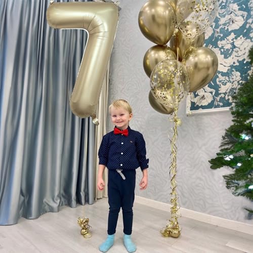 Image of 40 Inch Balloon Number 7 Metallic Gold, Large Mylar Foil Light Gold Number Seven Balloons for Girls Women, Champagne Gold Globos de Numero 7 Helium Balloons for Boys Men 7th Birthday Party Decorations