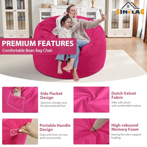 3FT Bean Bag Chair, Comfy Bean Bag Chairs with Memory Foam Filled, Fluffy Beanbag Sofa with Dutch Velvet Cover, Round BeanBag Chairs for Living Room, Playroom - Pink