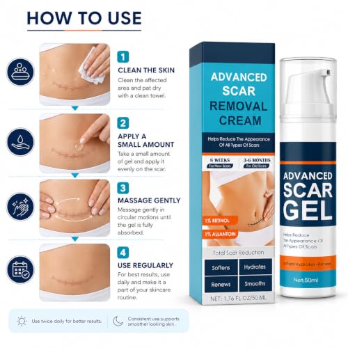 Image of Advanced Scar Gel Cream for Face & Body | Silicone-Based Scar Care Gel | Helps Improve the Appearance of Old & New Scars | Moisturizing Formula for Surgical, C-Section, Acne & Stretch Mark Care | 50ml