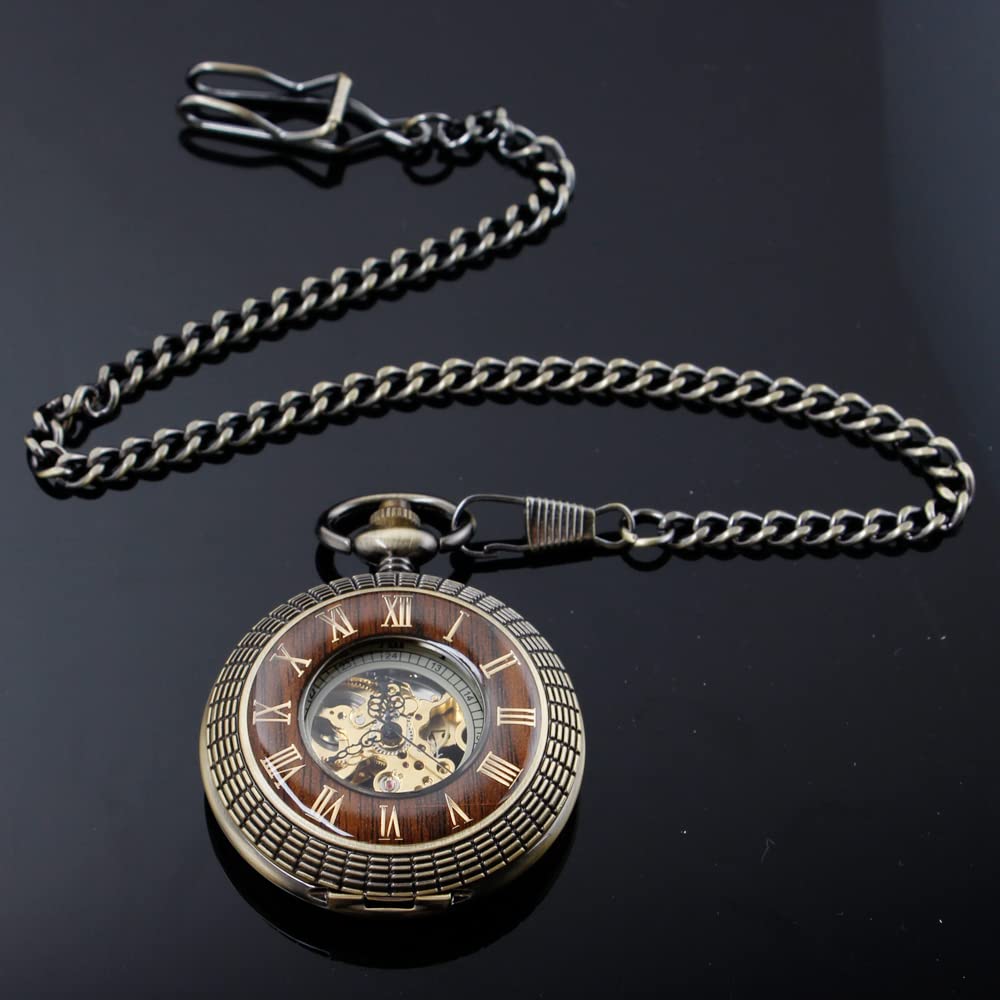 Tiong Montre de poche mécanique en bois de cuivre élégant avec cadran ouvert pour homme avec boîte à chaîne