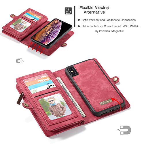 Zttopo Iphone Xr Wallet Case, 2 In 1 Leather Zipper Detachable Magnetic 11 Card Slots Card Slots Money Pocket Clutch Cover With Free Screen Protector For 6.1 Inch Iphone Case -Red #TOP2