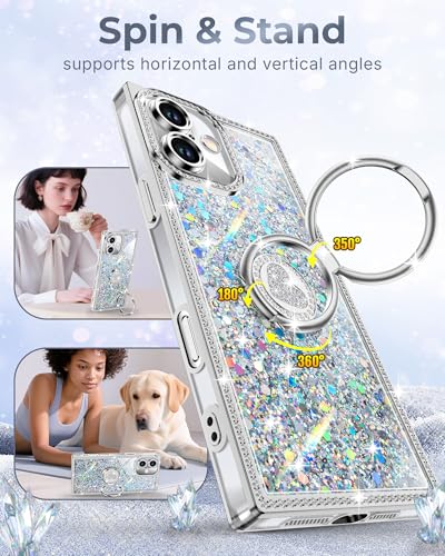 XYZ for iPhone 16 Case, Glitter Bling Phone Cover with 2-Ring Heart Stand & Lanyard, Women Girls Luxury Rhinestone Shockproof Protective Case for iPhone 16, Silver — view 3