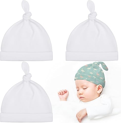 SATINIOR 3 gorros de sublimación en blanco para bebé, gorros blancos en blanco para recién nacidos, gorros anudados ajustables para sublimación para