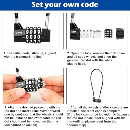 Image of Cable Locks with Combination,Steel Cable Rope Wire 4-Digit Combination Lock with Resettable Code for Bikes, Lockers, File Cabinets, Wardrobes, Small Fences,gate Lock, Pool Padlock.