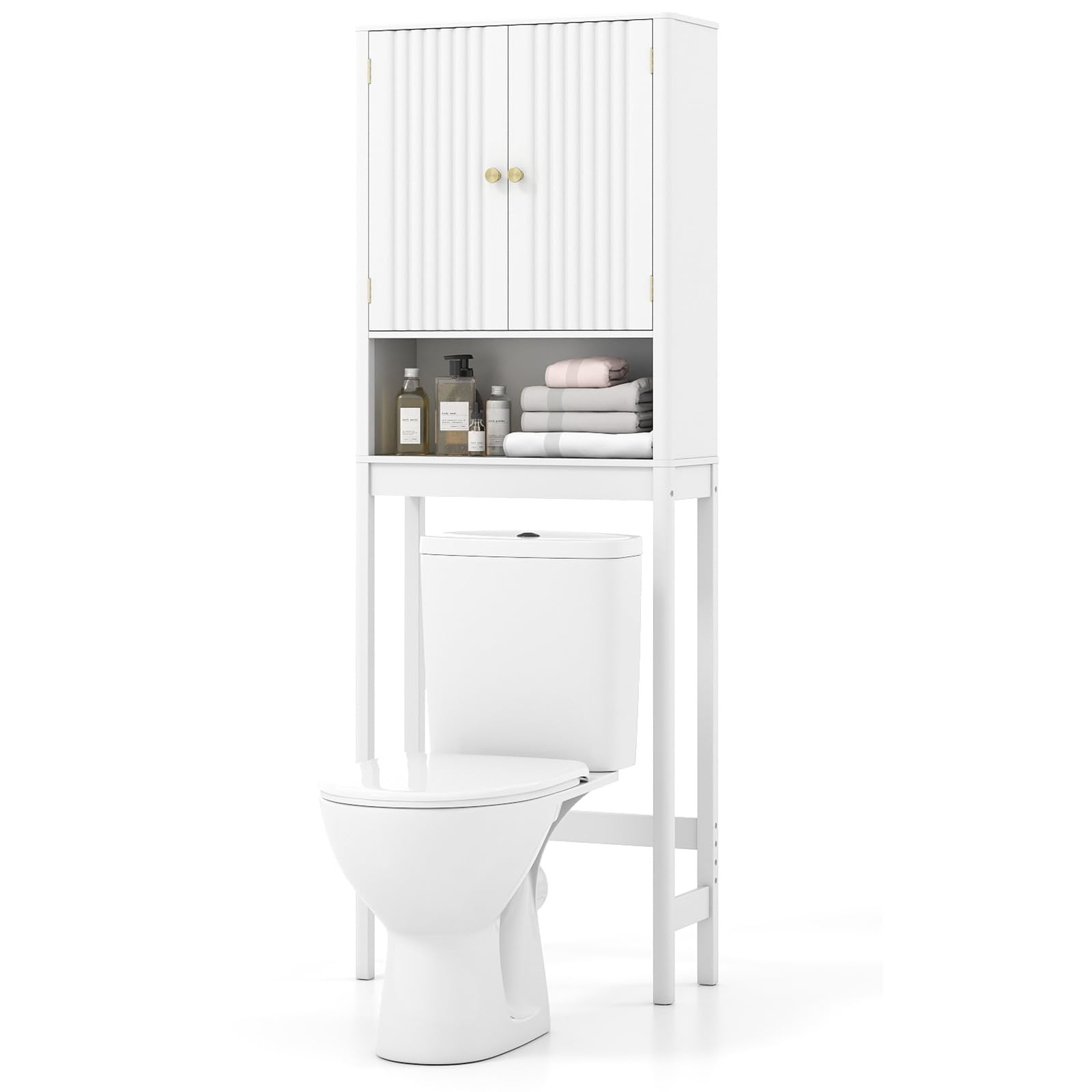 COSTWAY Meuble Toilette, Étagère WC, Portes Cannelées, Compartiments Ouverts, Étagère Réglable, Barre Inférieure, Meuble WC Rangement Gain de Place, pour Salle de Bain, 23 x 60 x 168 cm (Blanc)