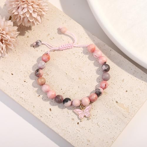 Birthday Bracelet Gift for Girls 6-13 Years Old, Pink Zebra Natural Stone Butterfly Charm Bracelet for Daughter Granddaughter Niece Teenage Girl Birthday Gift2