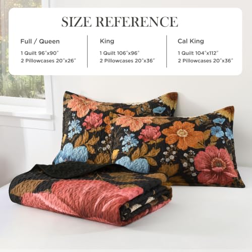 Image of Andency Floral Boho Queen Quilt Bedding Set Black Golden, 3 Pieces Farmhouse Flower Botanical Summer Bedspreads with 2 Shams, Soft Reversible Lightweight Polyester Coverlet Set for All Season, 90 inchx96 inch