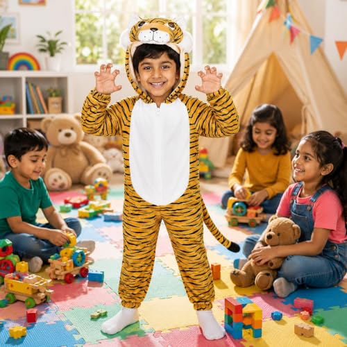 Image of Raj Costume Animal Fancy Dress Costume for Boys & Girls | Hooded Full Body Wildlife Zoo Animal Jumpsuit | Soft Costume for School Function, Fancy Dress, Halloween, Birthday, Cosplay & Role Play
