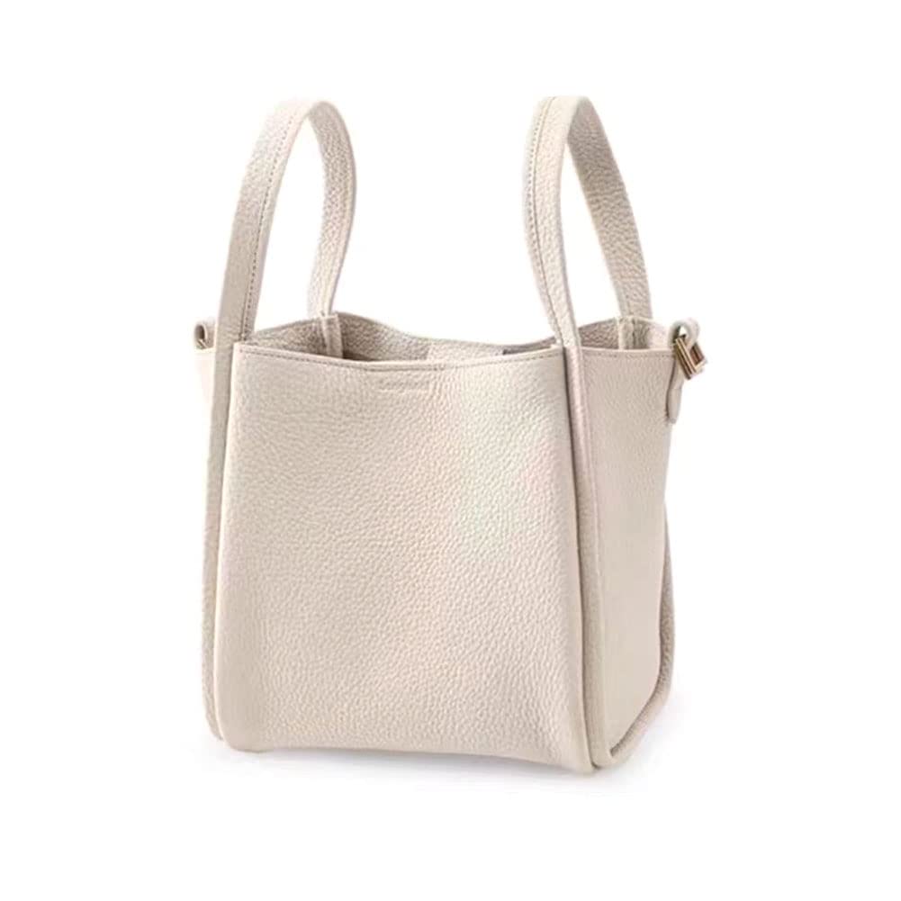 PENYUYWomen's Medium Size Vegetable Basket Bag - Large Capacity Cowhide Shoulder Bag - Beige