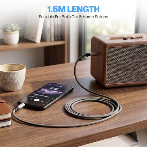 Image of Amkette Vibe Braided Aux Cable | Audio Cable for Speakers | 3.5mm Audio Cable, Nylon Braided, Gold-Plated Connectors, 1.5m, 25000 Bend Tested | Wired Aux Cable Grey