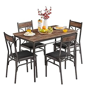 VECELO 5 Piece Kitchen Table Room,Dinette,Breakfast Nook,Industrial Style, Dining Set for 4, Retro Brown