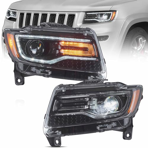 VLAND LED Headlights Fit for 2011 2012 2013 Jeep Grand Cherokee WK2 Front Light with Blue Dynamic Startup DRL Clear