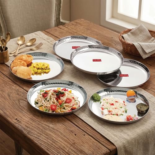Image of HAZEL Stainless Steel Lunch Plate 25.5cm, Set of 6 | Hammered Rim Finish Daily Use Dinner Plate Food Serving Plate for Restaurant Thali