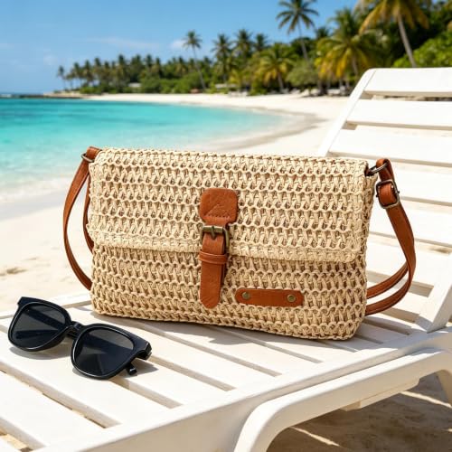 Image of Straw Bag Beach Purse Summer Purses for Women Vacation Handbags Woven Crossbody Bags Straw Shoulder Bag
