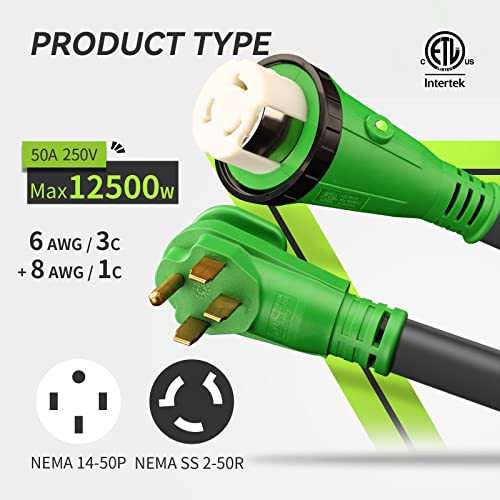 Rvmate 50 Amp 15 Feet Rv/Generator Lockable Power Extension Cord, Easy Plug In Handle, 14-50P To Ss 2-50R With Led Indicator, Etl Listed #TOP2