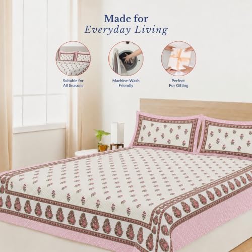 Image of Jaipur Weaves Jaipuri Double Bed Cotton Bedsheet Queen Size 90x85, 120 TC 100% Pure Cotton Bed Sheet with 2 Pillow Covers, Floral Traditional Print (Red Motifs, Double)