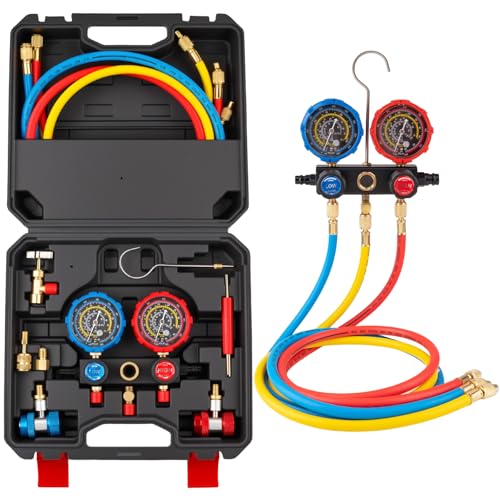 AJulyBee 3-Way Manifold Gauge Set, Automotive AC Recharge Kit for R134A/R410A/R1234YF/R22/R404A, Refrigerant Charging Tool for Car Freon Charging & Evacuation