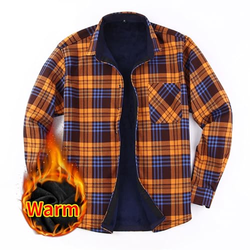 Generisch Herren Fleecehemd Winter lässig warm Langarm kariert für stilvolle Männer (Orange, XXL)