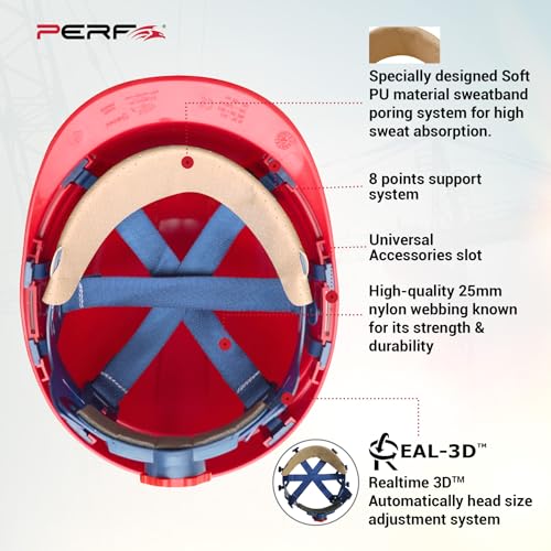 Image of PERF Safety Helmet for Construction & Outdoor Work|Easy 3D Fitting System for Any Head Size|Lightweight|8-Point Support Easy Impact Absorption Sweatband|Orbit-R|Red