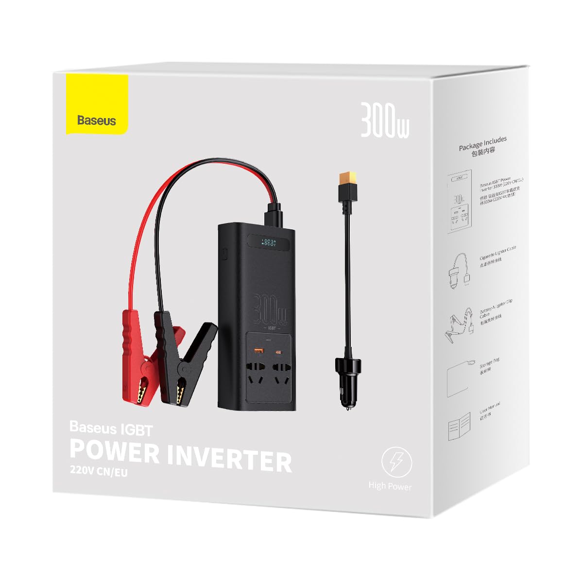 Baseus Inwerter samochodowy IGBT 300 W/220 V (C+U + podwójna wtyczka UE) z kablami zaciskowymi 12 V (0,40 m) i kablem gniazda zapalniczki (0,60 m), czarny (CGNB010101)