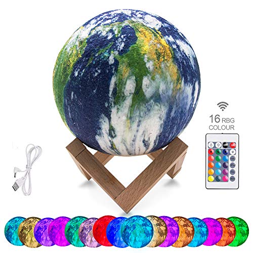 Lampe Terre 3D SPECOOL 16 Couleurs Tactile Télécommande USB Rechargeable LED Veilleuse pour Anniversaire Noël Fête (15cm/5,9in Earth)