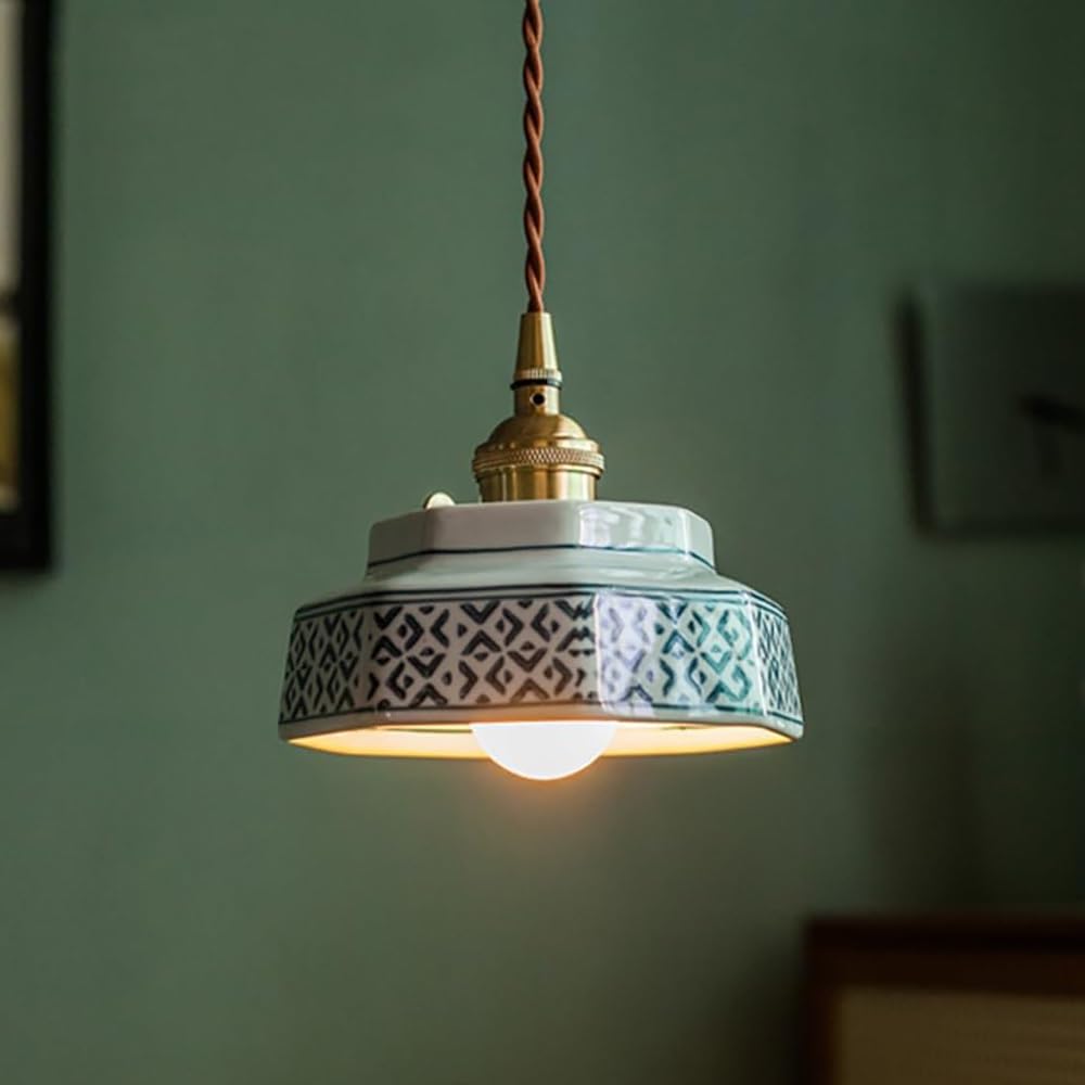 COSRUB Vintage Ceramic Pendant Light Fixture, Mini Octagonal Porcelain Hanging Lamp Mid Century Brass Accent Farmhouse Chandelier for Dining Room Bedroom Cafe(Cyan)