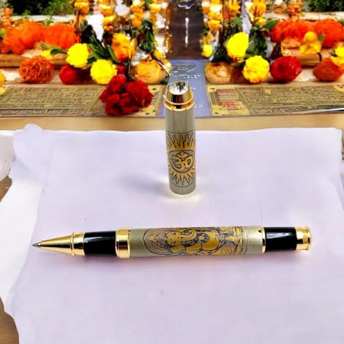 Image of Lord Ganesh Etched Pen - Premium Brass Roller Pen with Divine Engraving & Gold Finish Accents