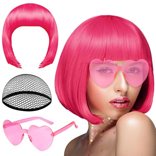 Image of PLULON Peach Pink Bob Wig and Sunglass Set, Neon Short Bob Wig Sunglass Pack Costume Colorful Cosplay Wig Hairpieces for Bachelorette Neon Party Favors, Halloween Decorations