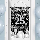 Happy Anniversary Decorations Small Banner Black Silver Happy 25th Anniversary Cruise Door Hanging Banner Porch Front Door Decor for Women Men 25 Years Silver Wedding Anniversaries Party Sign Supplies