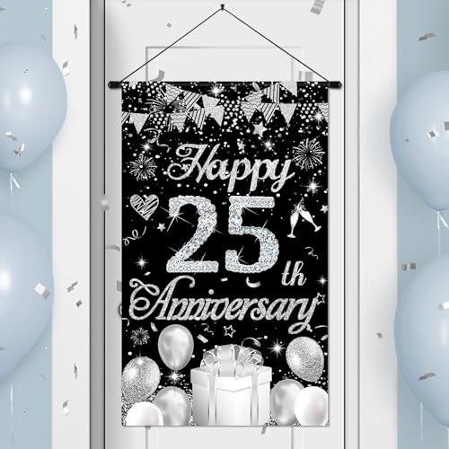 Happy Anniversary Decorations Small Banner Black Silver Happy 25th Anniversary Cruise Door Hanging Banner Porch Front Door Decor for Women Men 25 Years Silver Wedding Anniversaries Party Sign Supplies