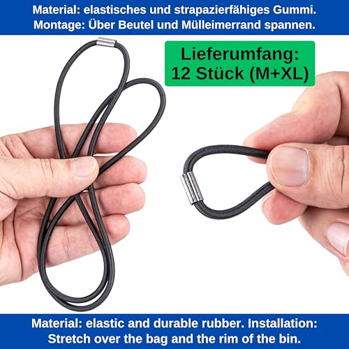 Universal Gummiband für Mülleimer, 12 Stück, Größe M + XL, passend bis 60 Liter Einzeleinsätze, kompatibel mit WESCO Mülltonnen, 50 cm und 80 cm elastischer Gummiring, Mülltonnenbänder Gummi Mix Set