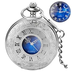 Tiong Pocket Watch Hollow Roman Numerals Vintage Blue Starry Design Quartz Pocket Watches with Chain Pendant for Men Women