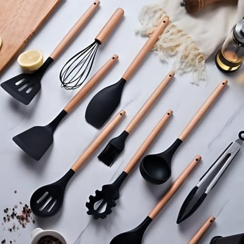 Kit Utensílios De Cozinha Silicone Cabo De Madeira Antiaderente Premium Conjunto 19 Peças Preto Inox