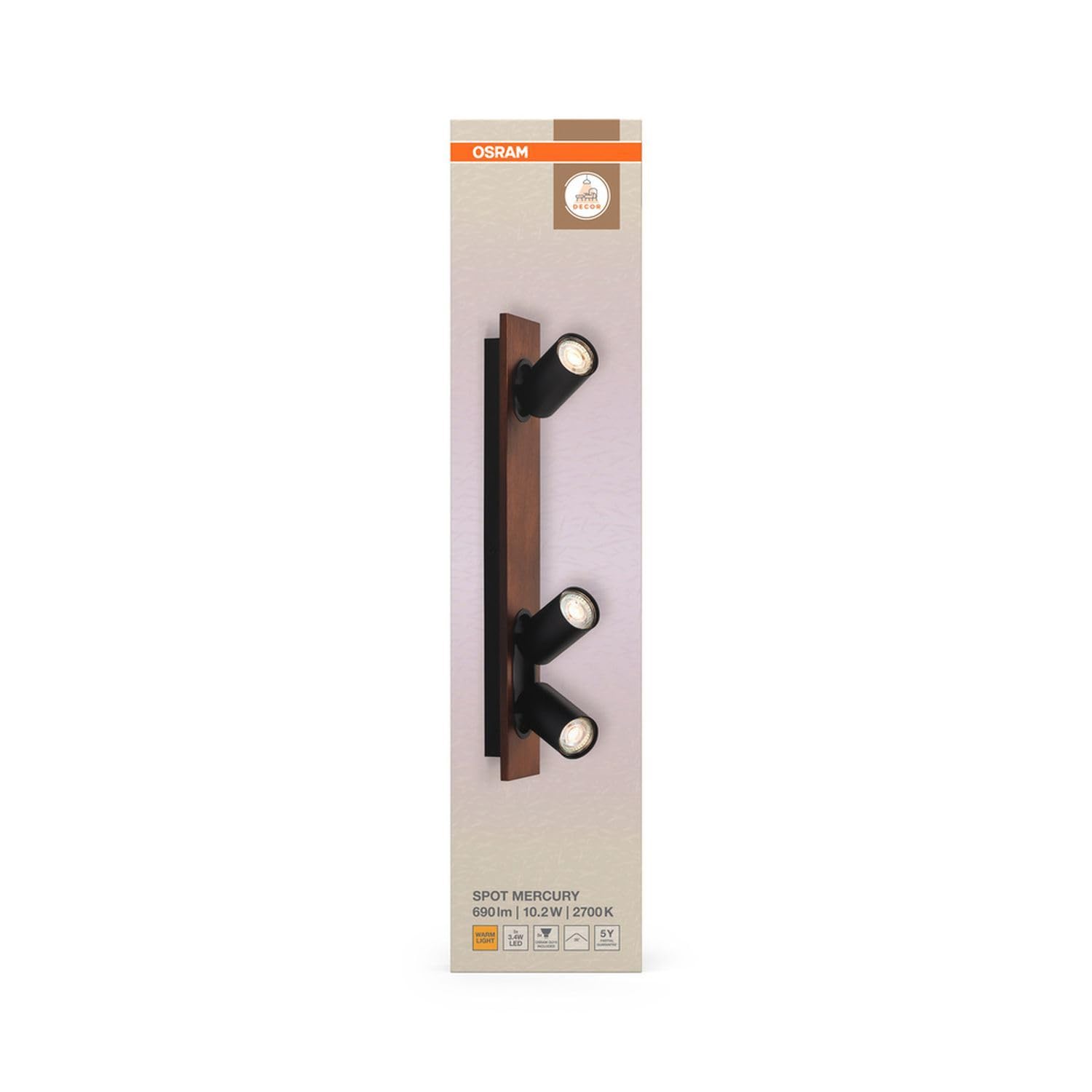 Osram DECOR SPOT MERCURY 3 x 3,4 W, 690 lm, aspecto de madera negra, focos ajustables, cabezales ajustables, multiusos, foco interior, bombillas LED intercambiables, luz blanca cálida, GU10