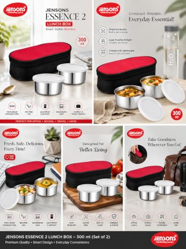 Image of JENSONS Premium Essence Stainless Steel Lunchbox 3pc Set (350ml x 2) Tiffin for Office, School & College with Food Grade Steel Leakproof & Dishwasher Safe