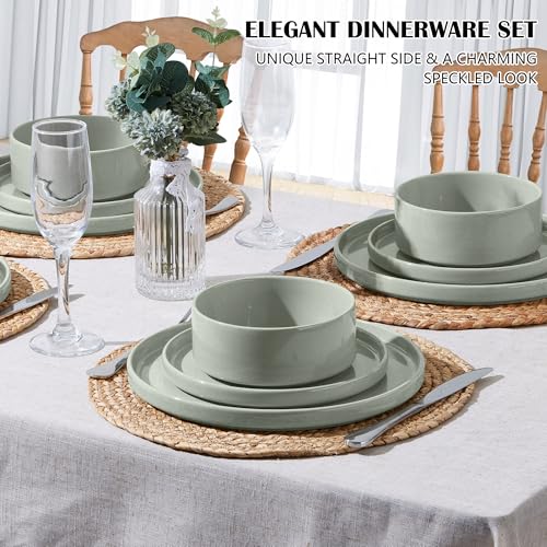 E-far Stoneware Dinnerware Sets, 12-Piece Plates and Bowls Set for 4, Green - image 3