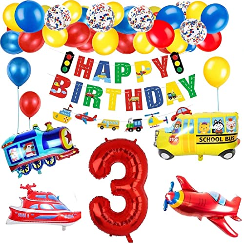 3 Año Decoración Cumpleaños Niño Número Rojo 3 (40 Pulgadas) Tema de Tráfico Decoración de Fiesta de Cumpleaños Globos de Confeti Látex para Niños Avión Tren Autobús Yate Cover