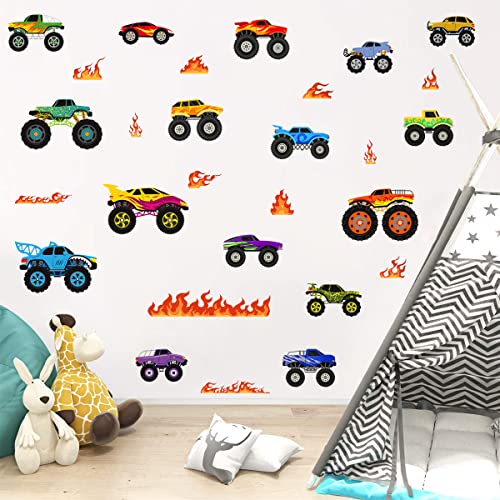 Creative Cars Truck Kids Wall Stickers Diy Cartoon Fire Flame And Vehicle Transport Illustration Set Wall Decals Art Transportation Wall Stickers For Boys Bedroom Teens Kids Room Playroom Nursery Classroom Wall Decor #TOP6