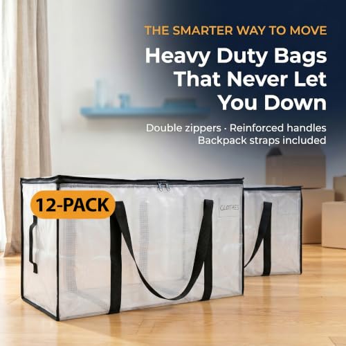 Image of ClearSpace Heavy Duty Moving Bags or Storage Bins with Lids, Clear, 12 Pack