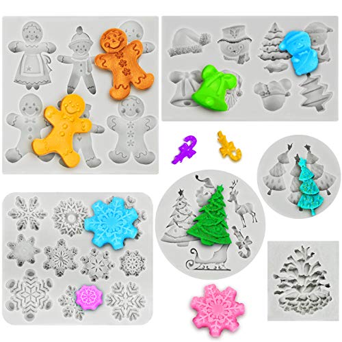 6 Pieces Christmas Silicone Mold Christmas Gingerbread Snowflake Pinecones Fondant Molds Xmas Cake Cupcake Decoration for Making Chocolate Ice Cube Jello Candle