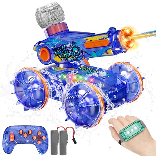 3 IN 1 Amphibienfahrzeug Ferngesteuert Wasserdicht Ferngesteuertes Auto ab 4 5 6 7 8 9 10 Jahre RC Amphibienfahrzeug mit Wasserpistole und Handsteuerung 360Drehung & Licht 2 Akku 90MIN Spielzeit