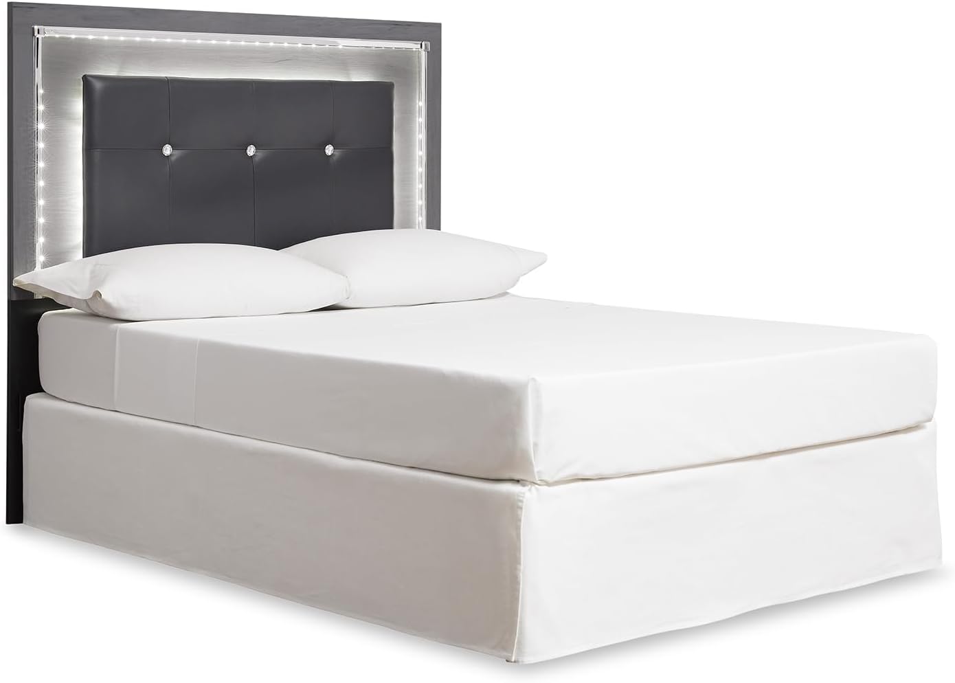 BOWERY HILL Tufted Full Queen LED Panel Headboard, Gray Faux Leather Upholstery, Engineered Wood, LED Lights with Remote, Chrome Metal and Faux Crystal Accents, 52.8" H x 63.39" W x 3.15" D