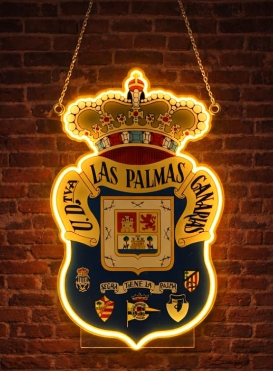 Letrero regalo Escudo 2° división Las Palmas Luz de Pared con Corona,colores iluminados brillantes con base metacrilato,neón led y vinilo 40x30 cm aproximadamente con cadena y alimentación 12v